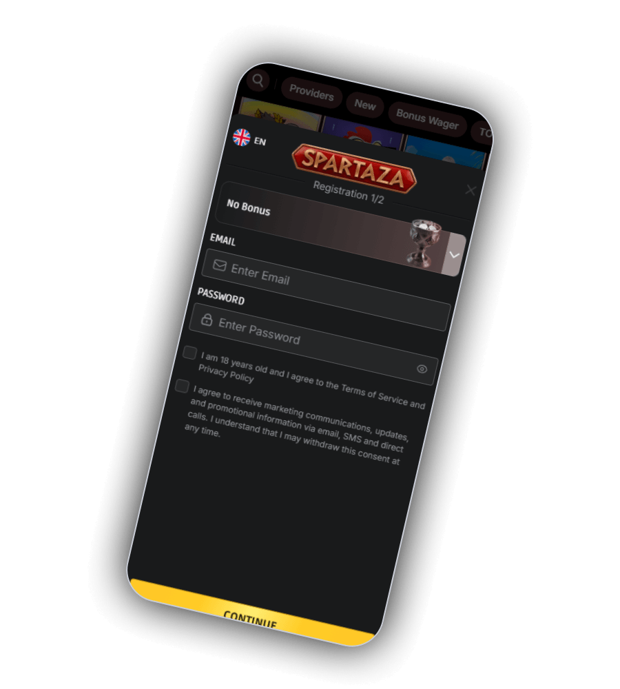 Spartaza registration form step one with the No Bonus selector, email and password fields, two checkboxes and a Continue button